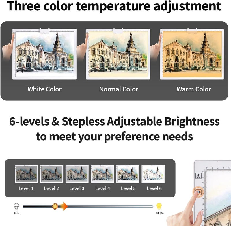 Zocelight Rechargeable A3 Diamond Art Light Board with Padded Case,Light Pad with Stand,3 Colors Stepless Dimmable and 6 Levels of Brightness Light Box for tracing,Diamond Painting,Drawing,Sketching(White) - Image 5